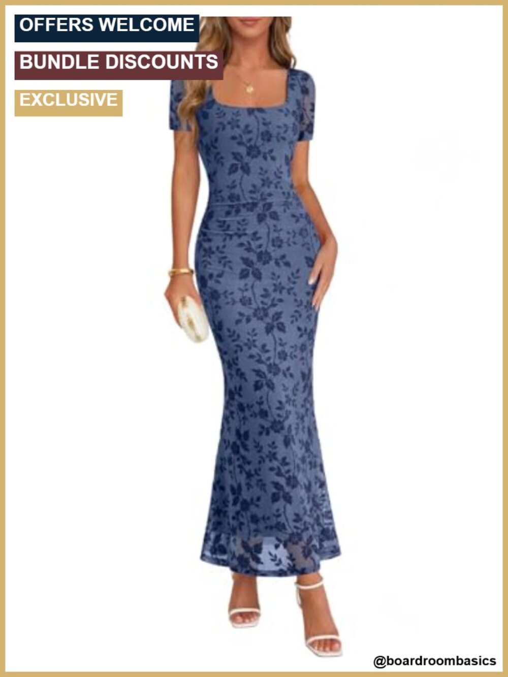 Womens Floral Maxi Dress Square Neck Sheer Short Sleeve Bodycon Formal